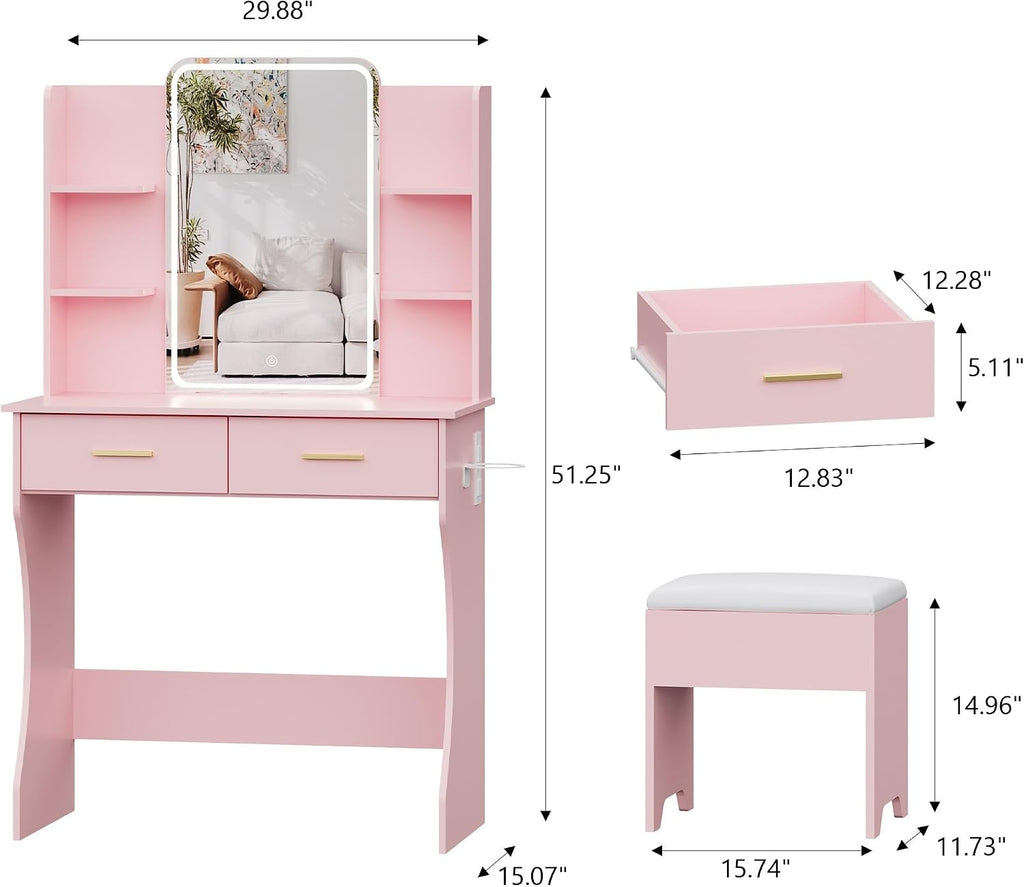 Pink LED Vanity Desk with Mirror & Chair