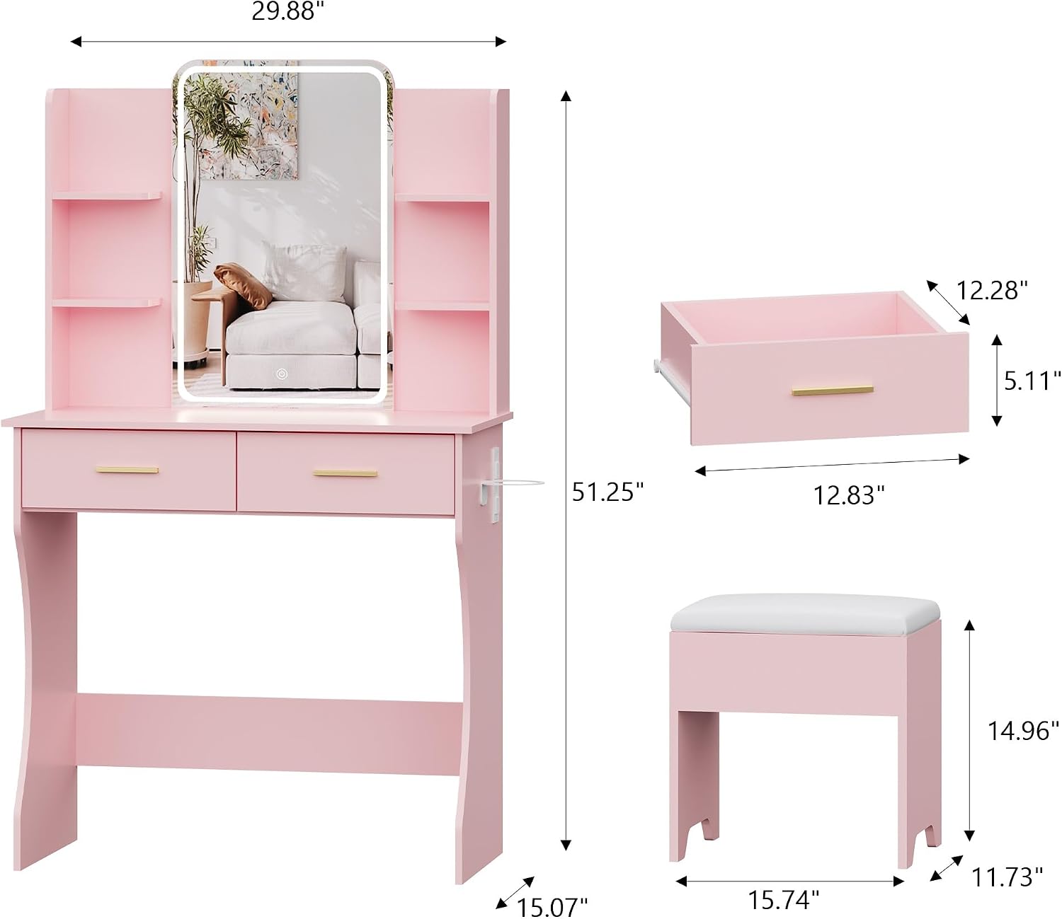 Pink LED Vanity Desk with Mirror & Chair