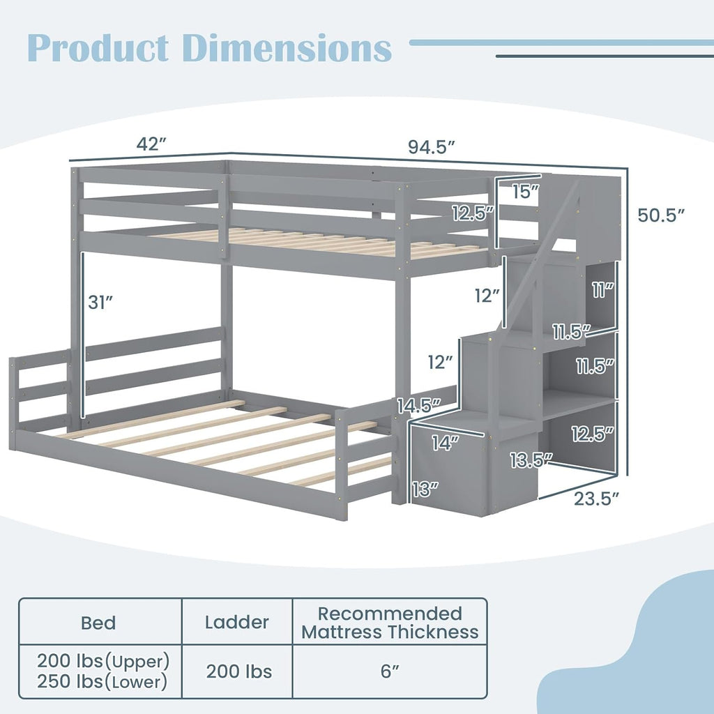 Twin Over Full Bunk Bed with Storage Stairs