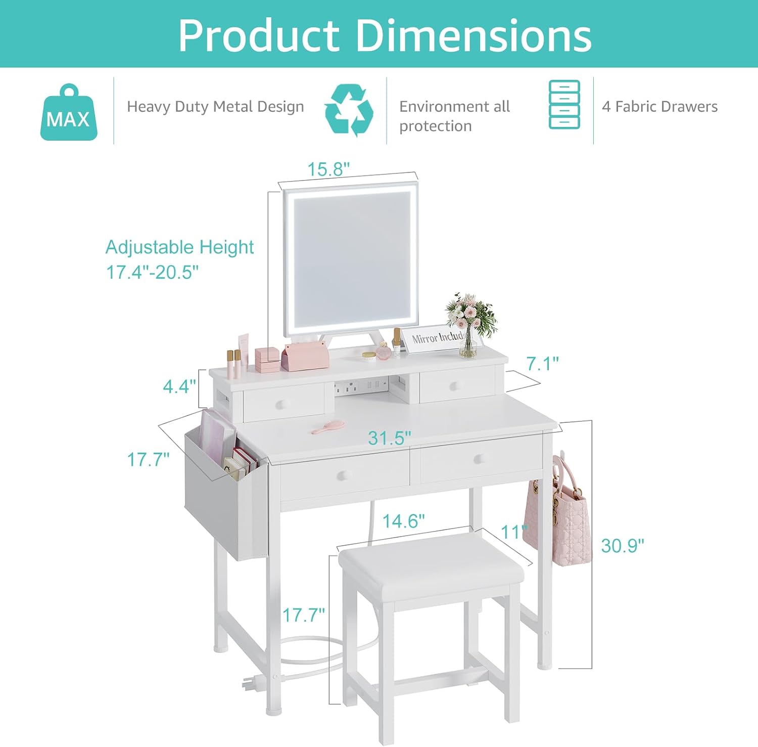 White Lighted Vanity Set with Drawers & Chair