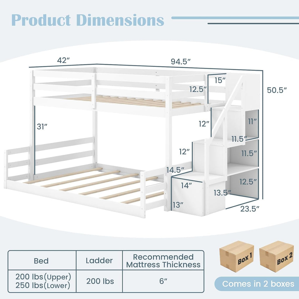 Twin Over Full Bunk Bed with Storage Stairs