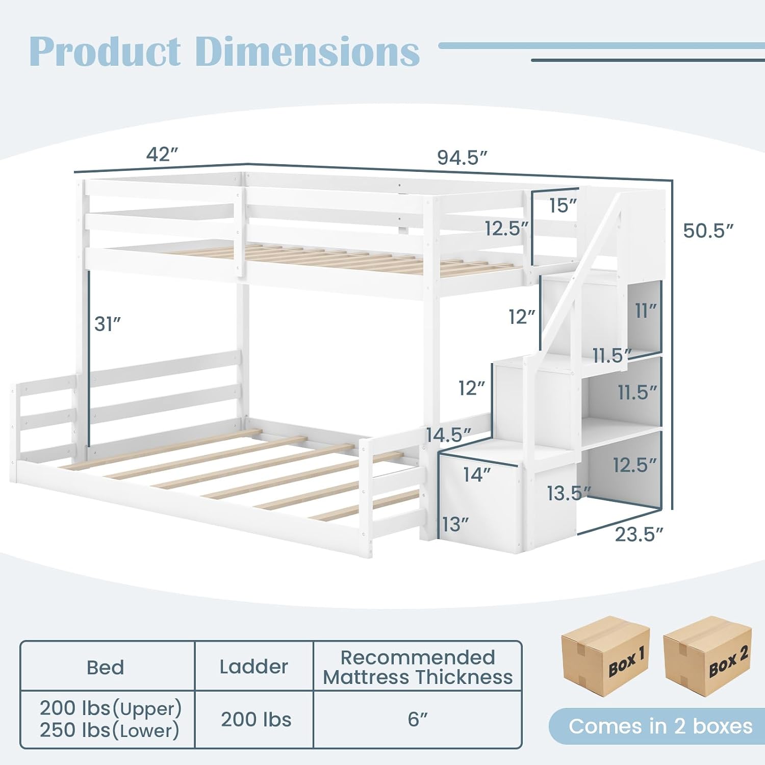 Twin Over Full Bunk Bed with Storage Stairs