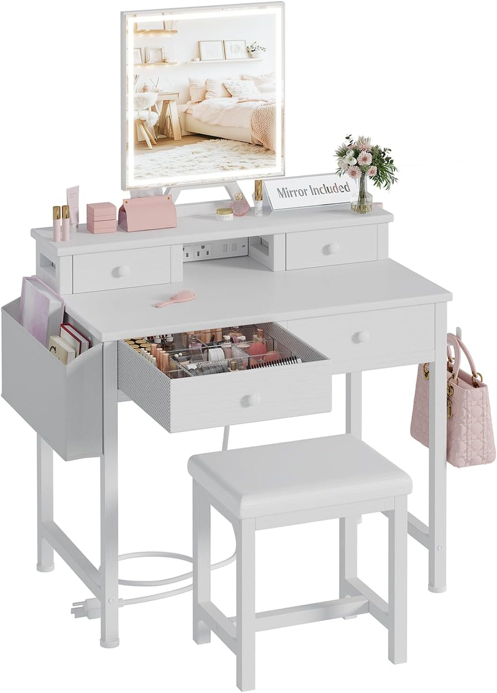 White Lighted Vanity Set with Drawers & Chair