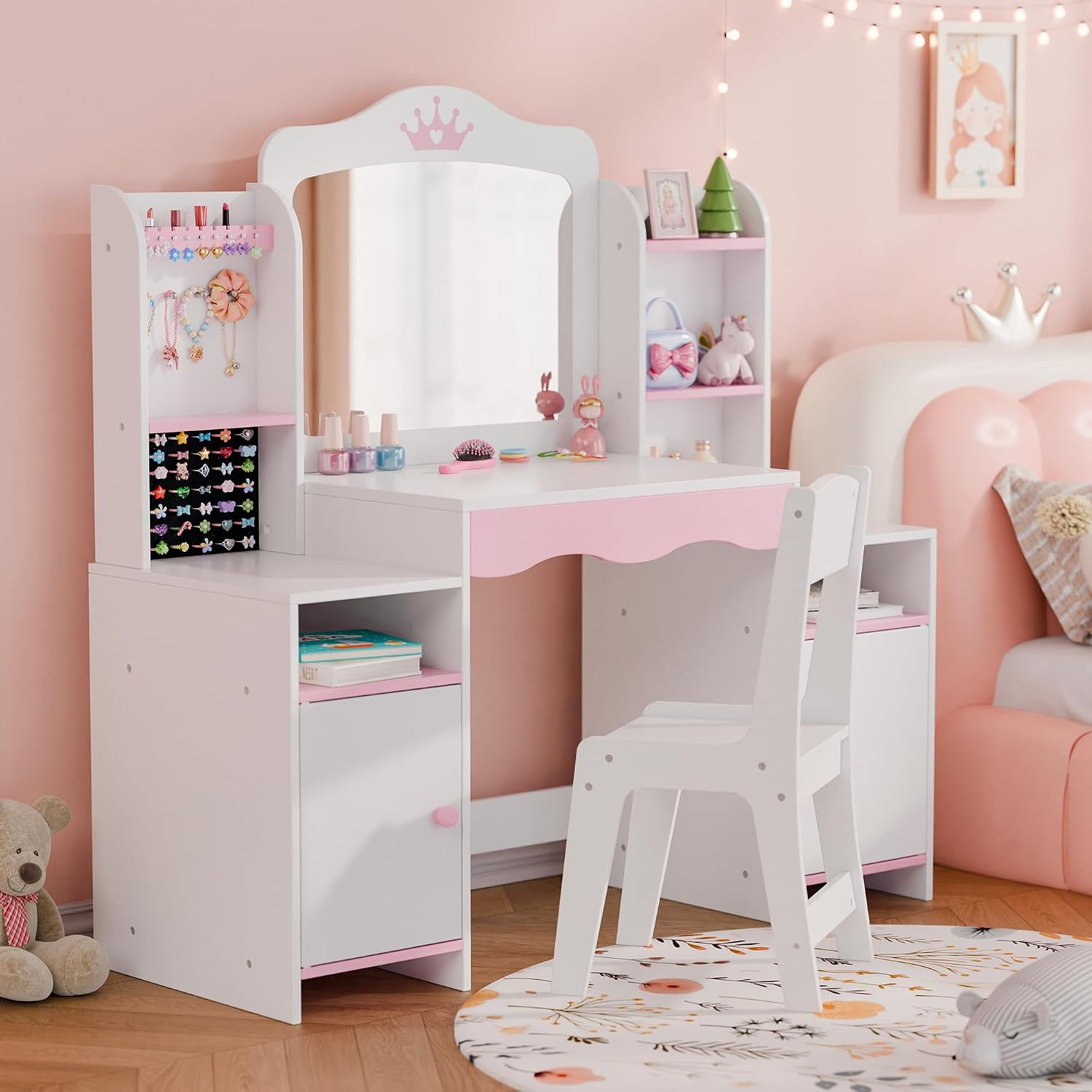 White Kids Vanity Set with Mirror & Stool