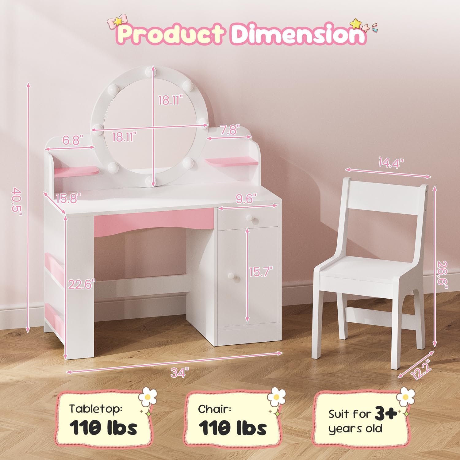 Lighted Kids Vanity Set with Storage Stool
