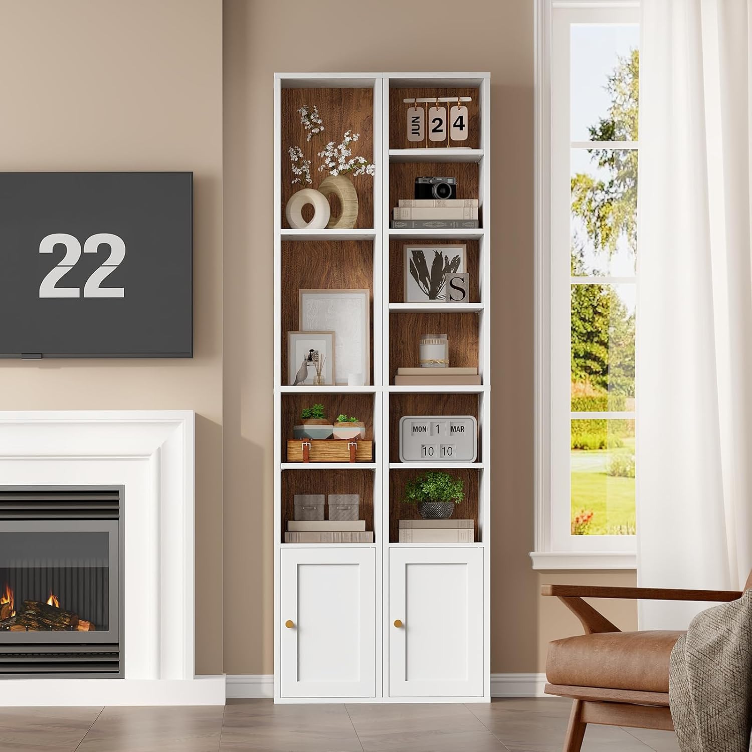 White Walnut 7-Tier Slim Bookshelf
