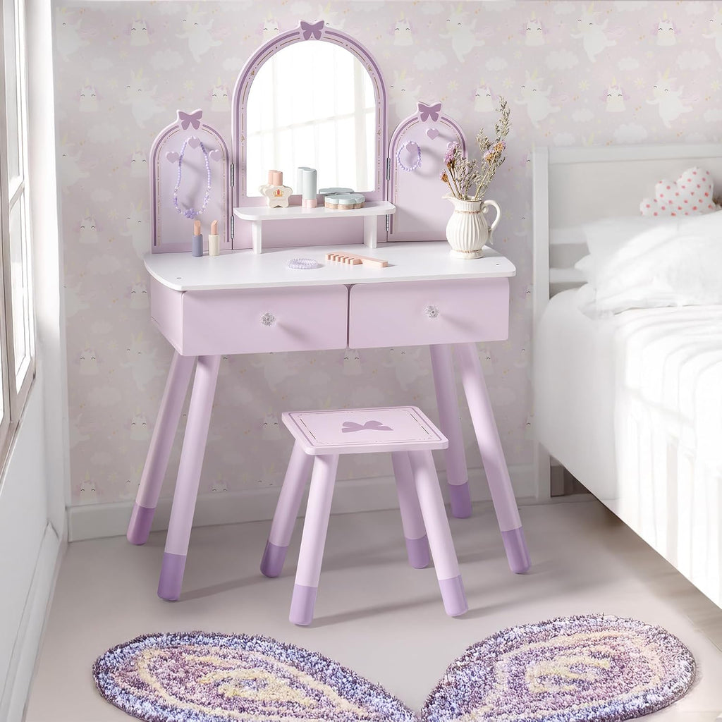 Purple Kids Vanity Set with Mirror & Drawers