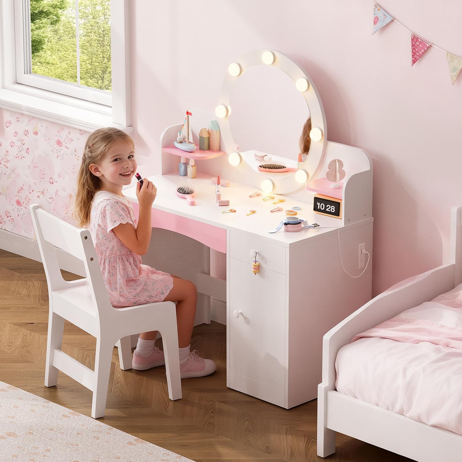 Lighted Kids Vanity Set with Storage Stool