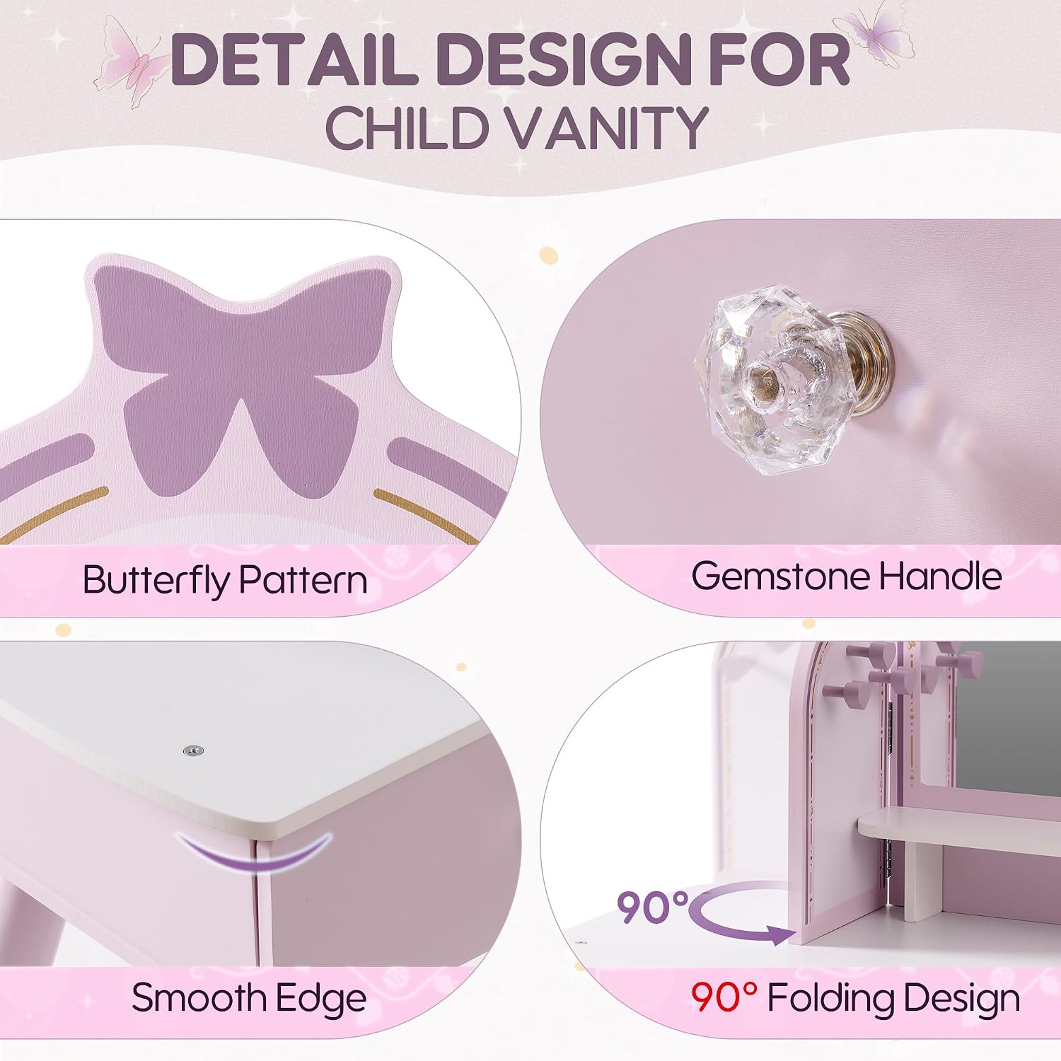 Purple Kids Vanity Set with Mirror & Drawers