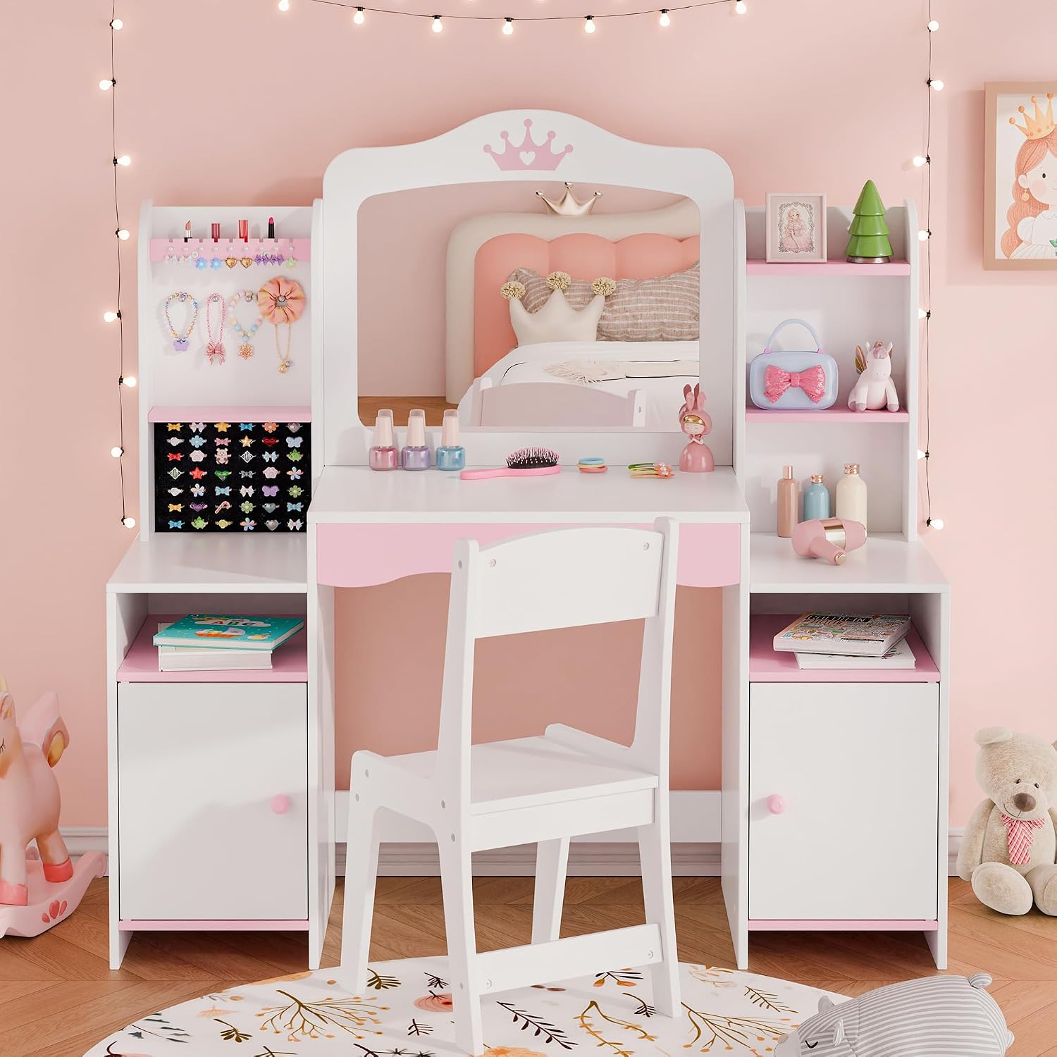 White Kids Vanity Set with Mirror & Stool