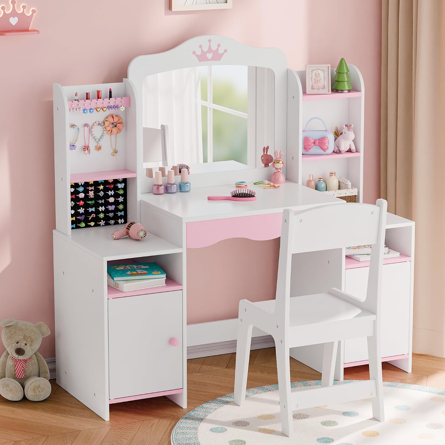White Kids Vanity Set with Mirror & Stool
