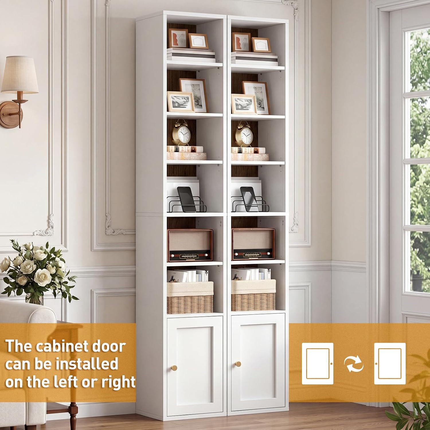 White Walnut 7-Tier Slim Bookshelf