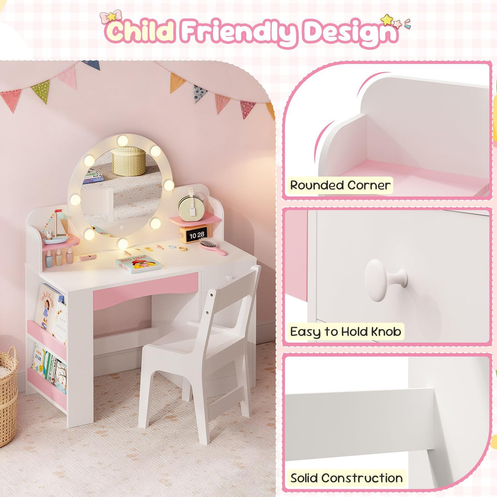 Lighted Kids Vanity Set with Storage Stool