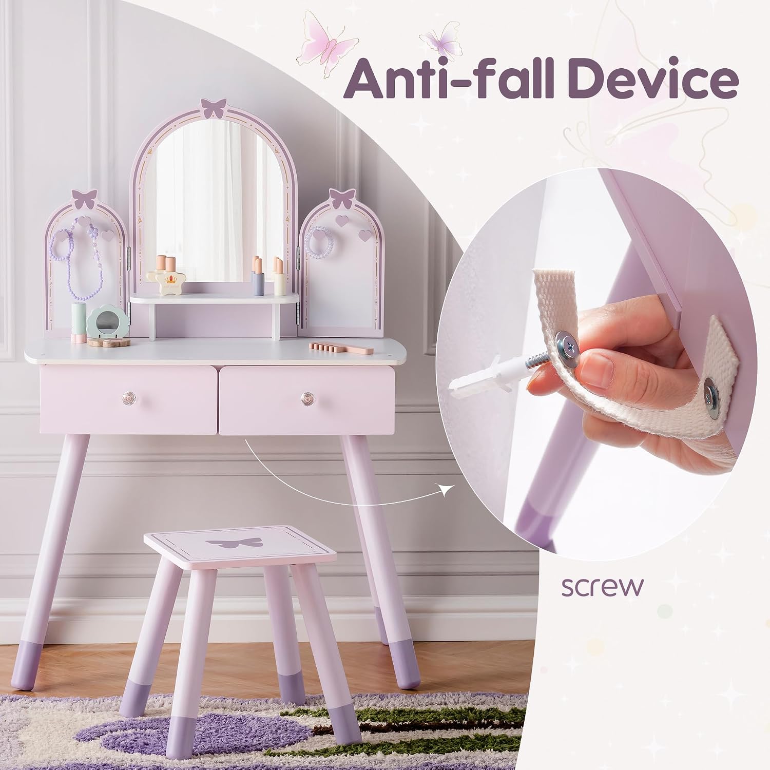 Purple Kids Vanity Set with Mirror & Drawers
