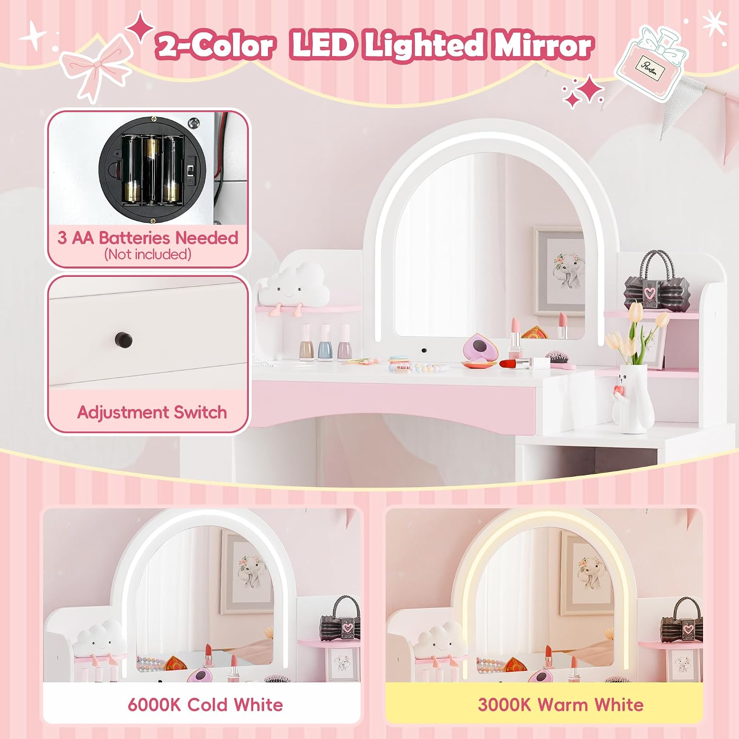 White Lighted Kids Vanity Table & Chair Set