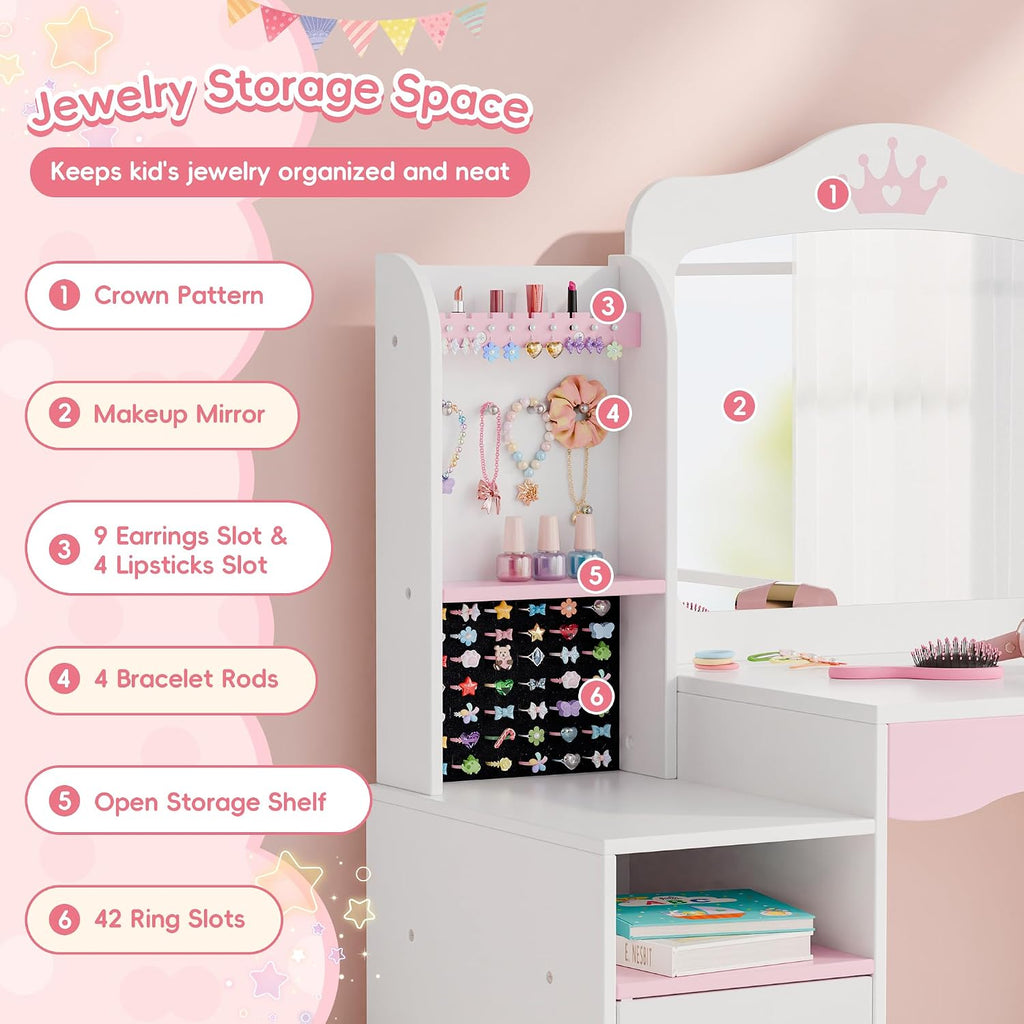 White Kids Vanity Set with Mirror & Stool