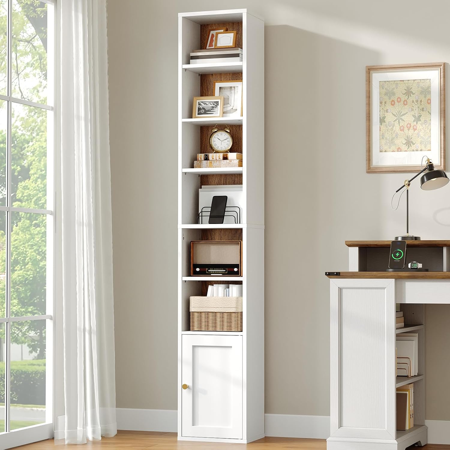 White Walnut 7-Tier Slim Bookshelf