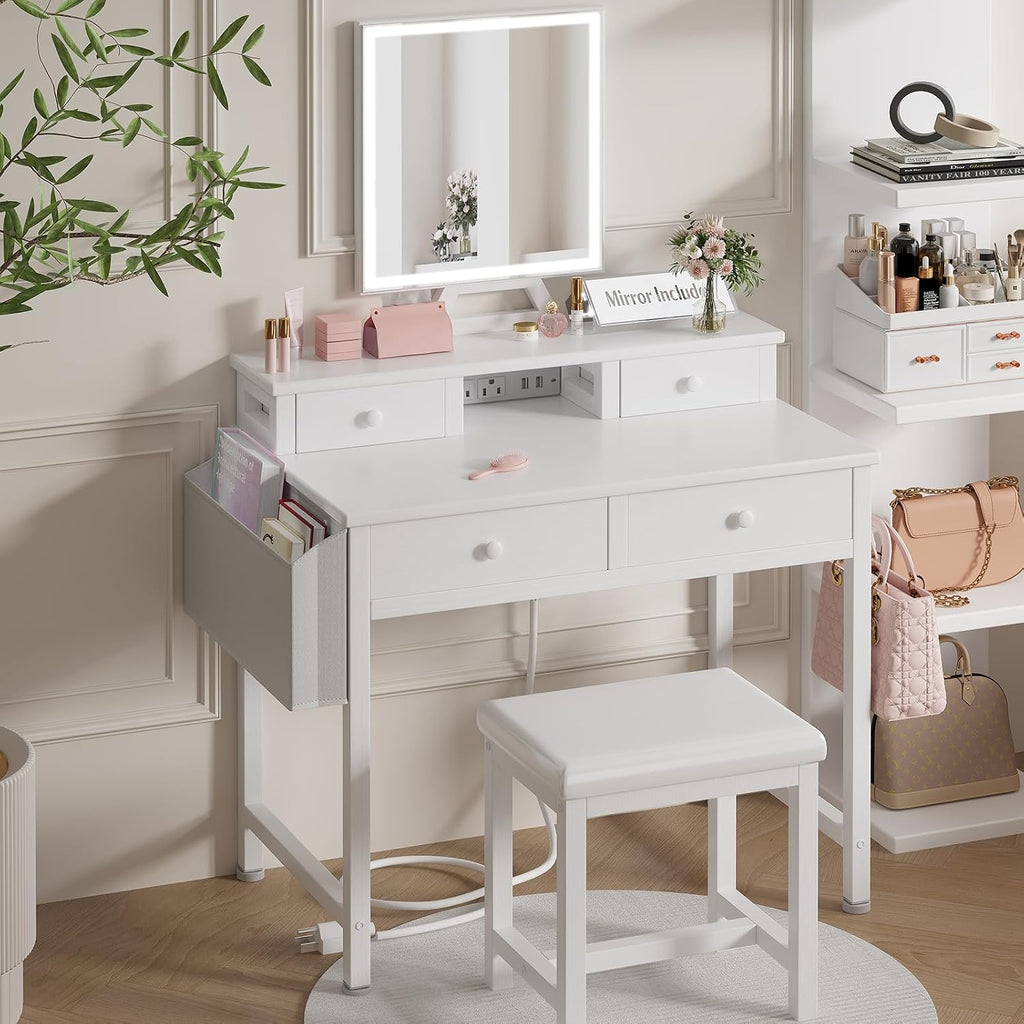 White Lighted Vanity Set with Drawers & Chair