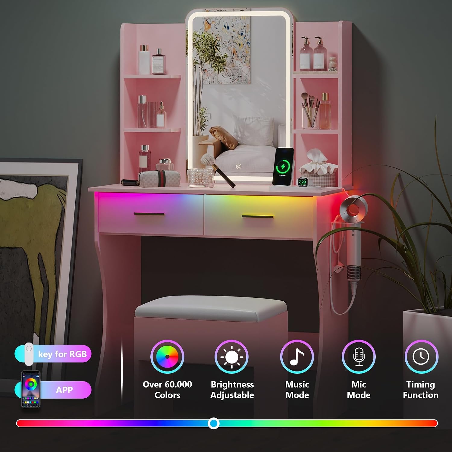Pink LED Vanity Desk with Mirror & Chair