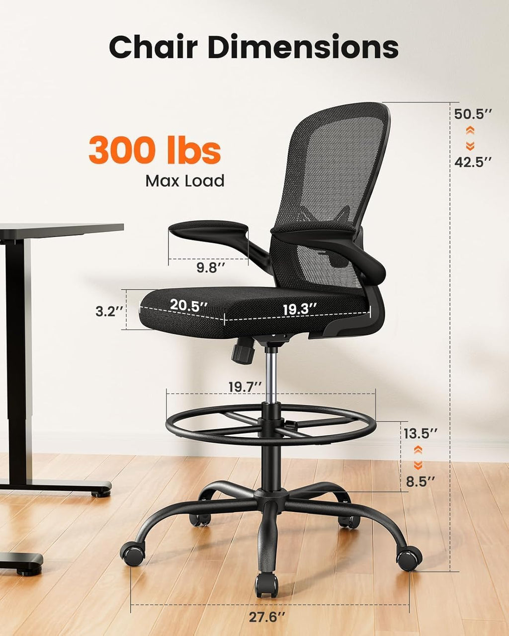 Ergonomic Drafting Chair with Footrest Ring