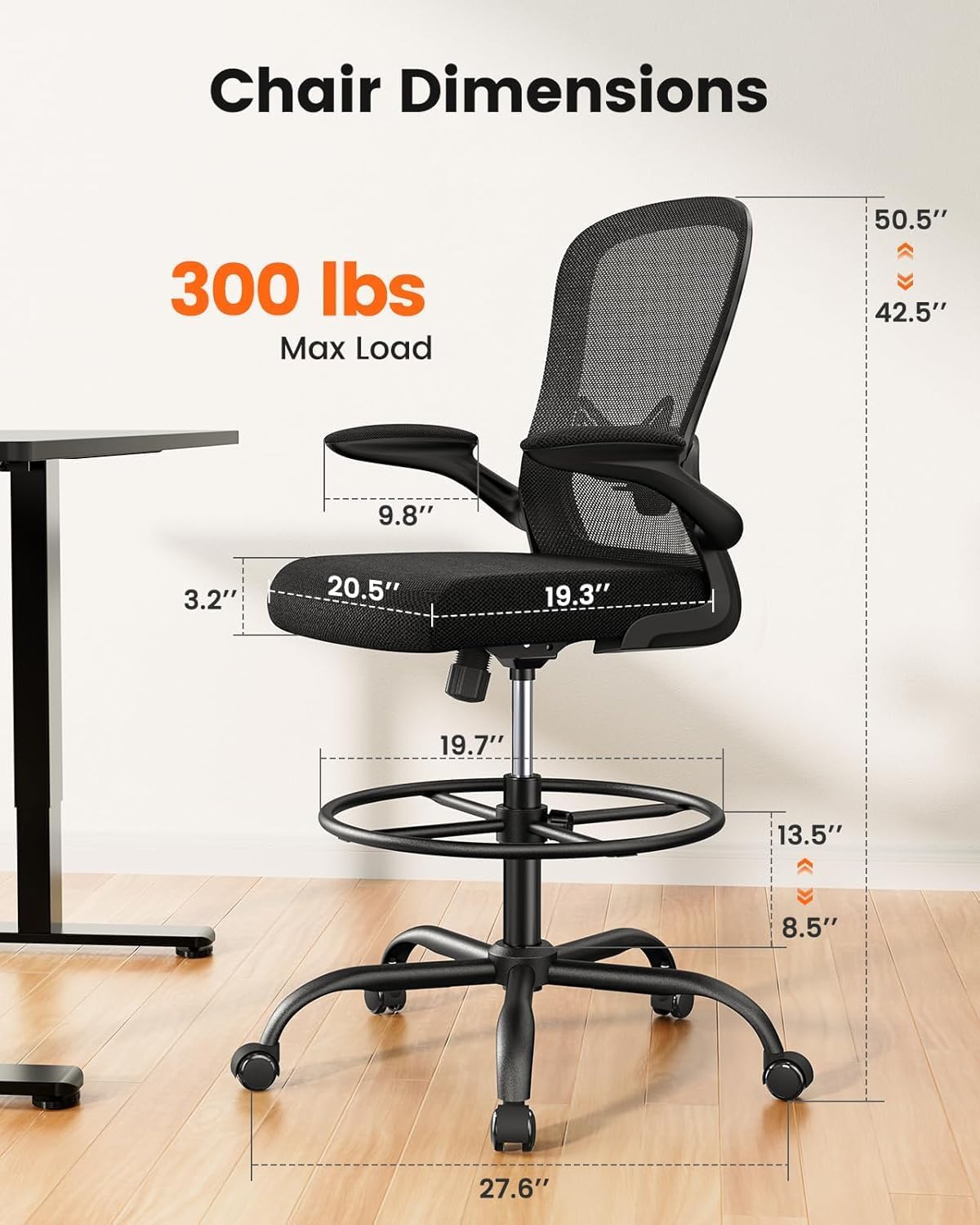Ergonomic Drafting Chair with Footrest Ring