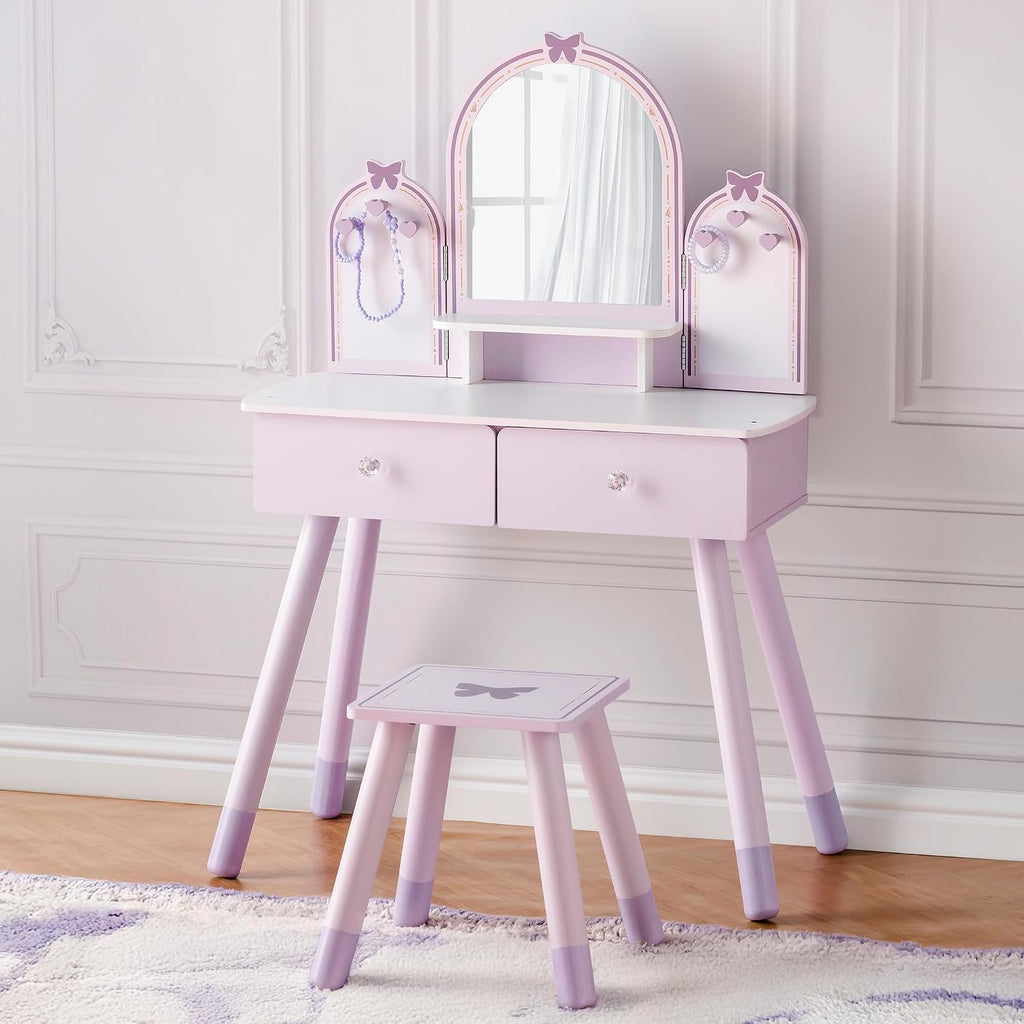 Purple Kids Vanity Set with Mirror & Drawers