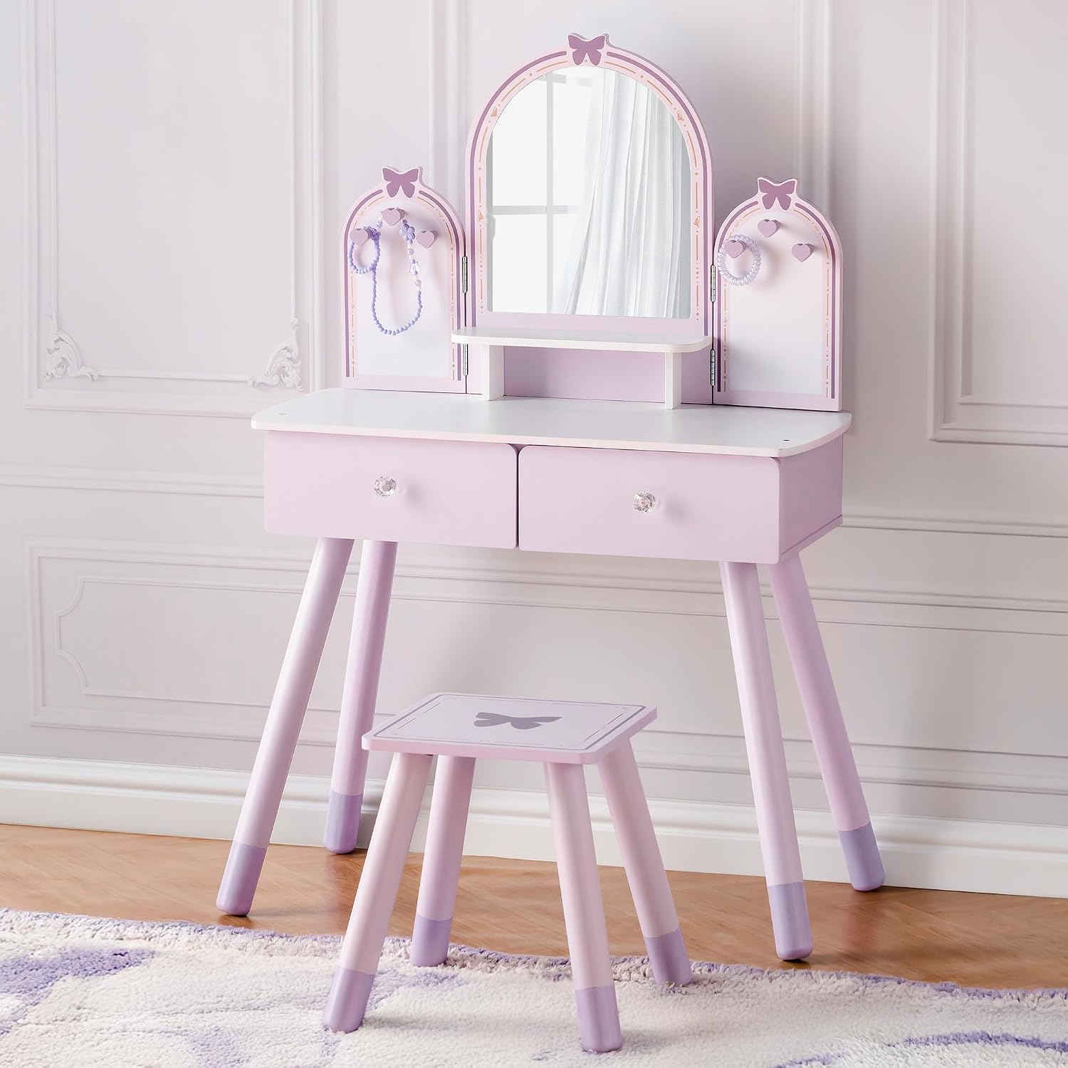 Purple Kids Vanity Set with Mirror & Drawers