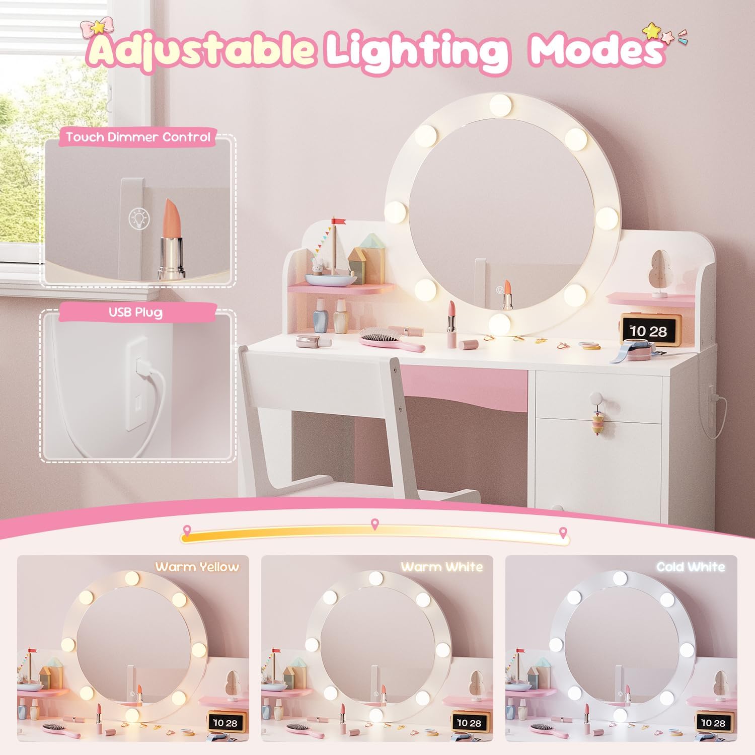 Lighted Kids Vanity Set with Storage Stool