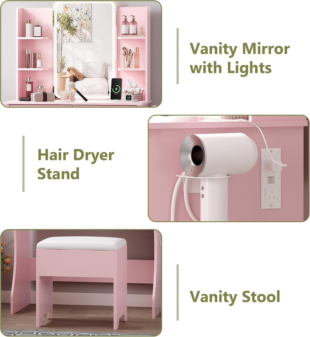 Pink LED Vanity Desk with Mirror & Chair