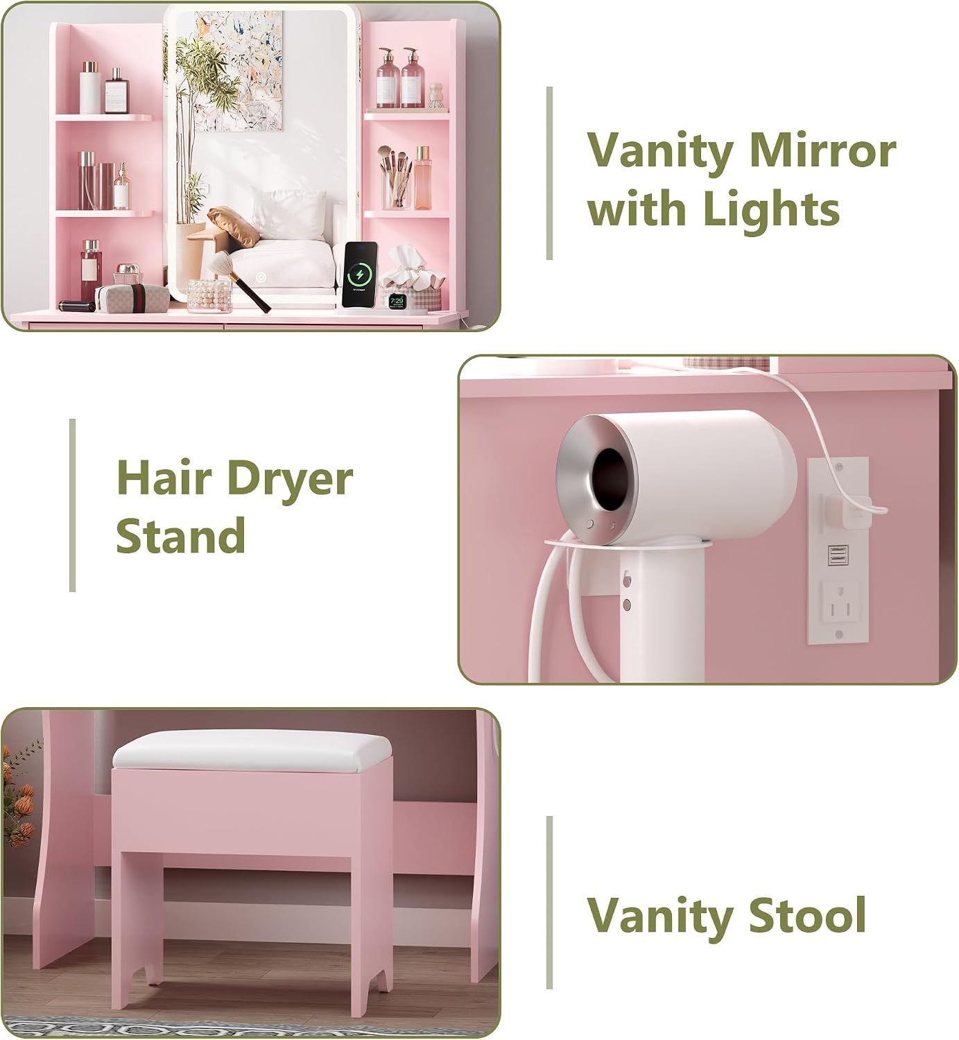 Pink LED Vanity Desk with Mirror & Chair