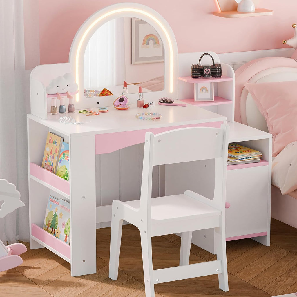 White Lighted Kids Vanity Table & Chair Set