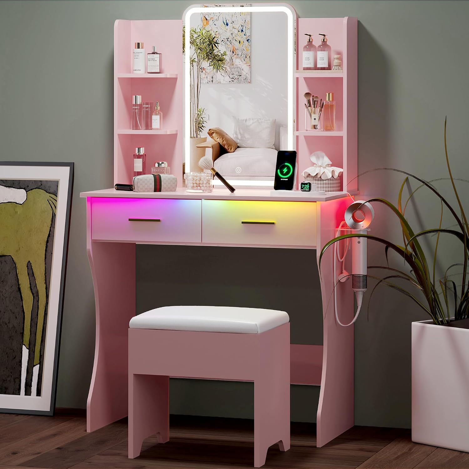 Pink LED Vanity Desk with Mirror & Chair