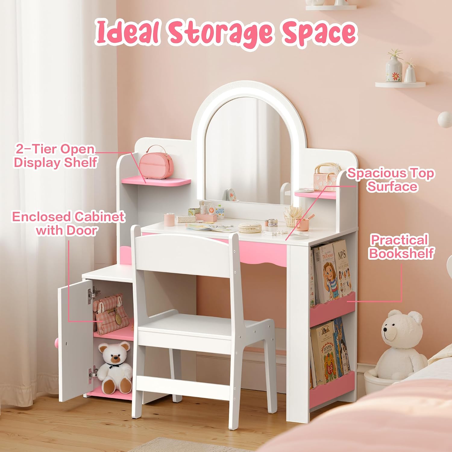 White Pink LED Kids Vanity Set