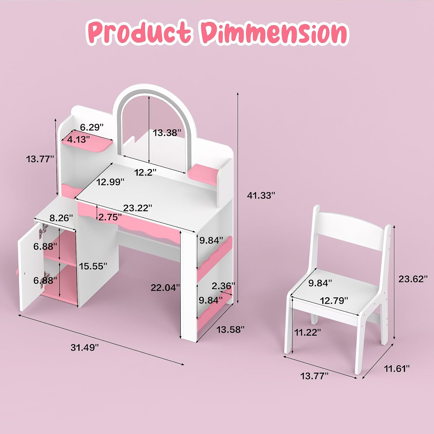 White Pink LED Kids Vanity Set