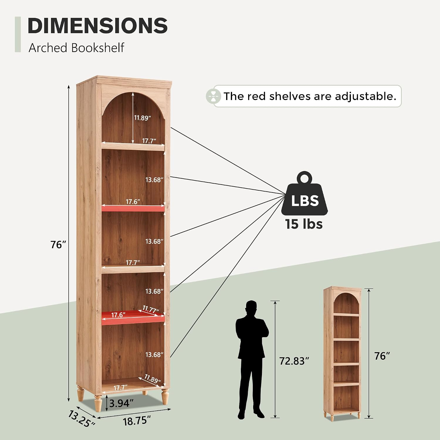 Natural Arched 5-Tier Wooden Bookcase