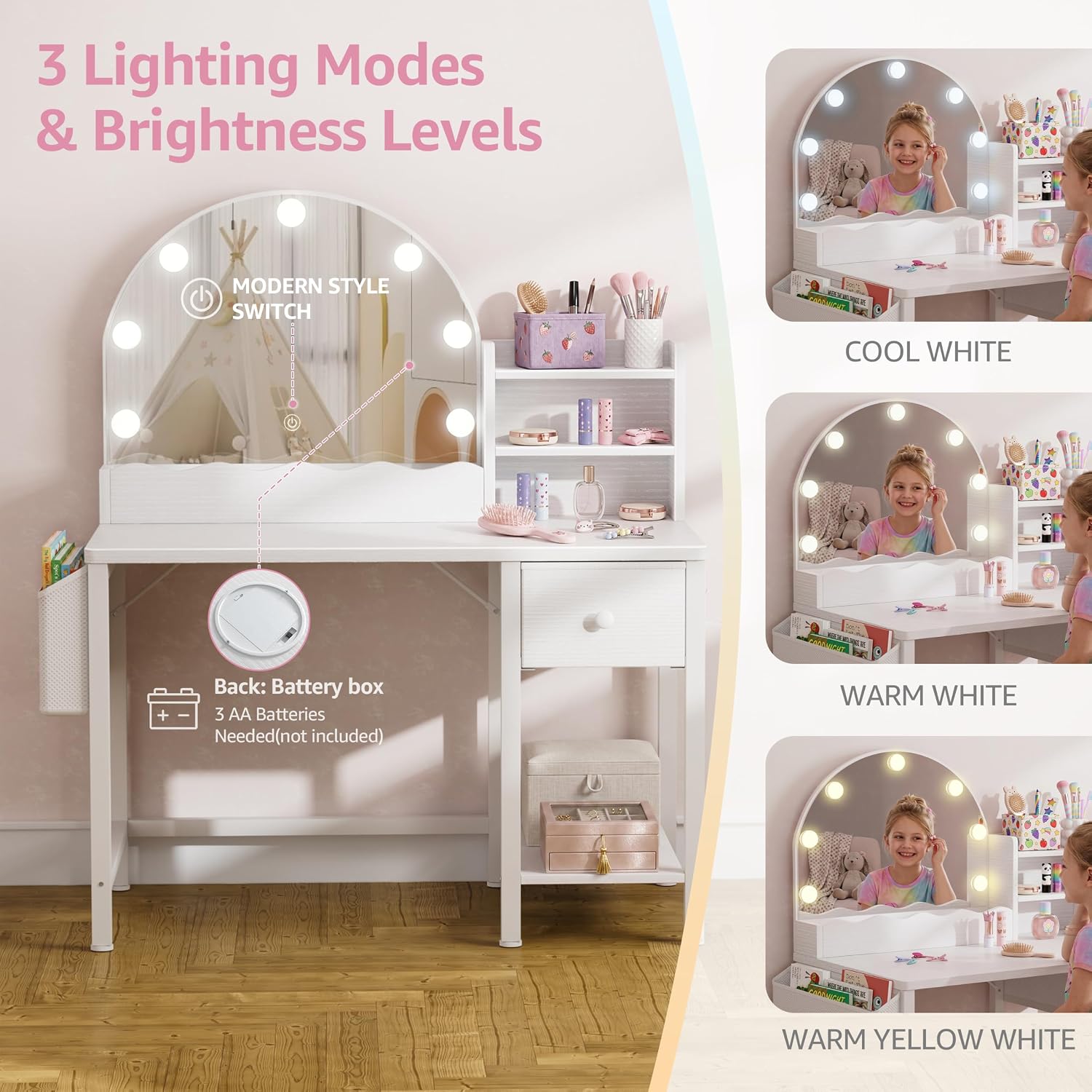White Kids Vanity Set with Mirror & Drawers