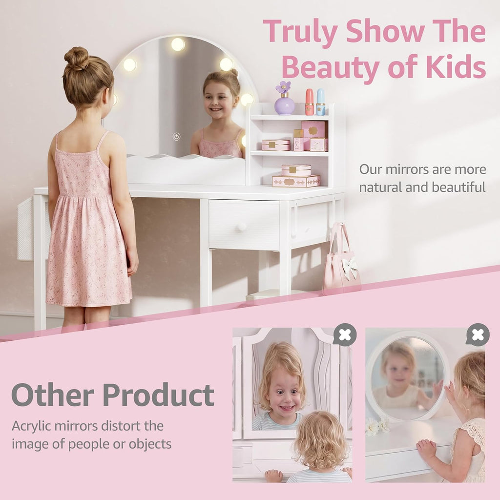 White Kids Vanity Set with Mirror & Drawers
