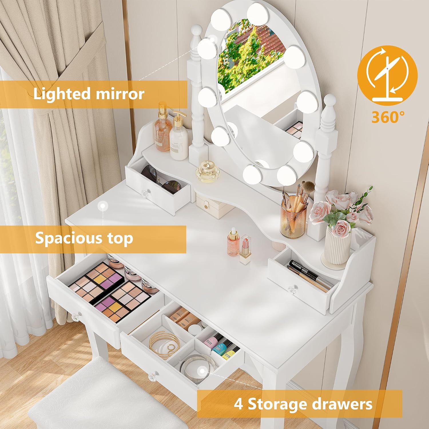 Lighted Kids Vanity Set with Cushioned Stool