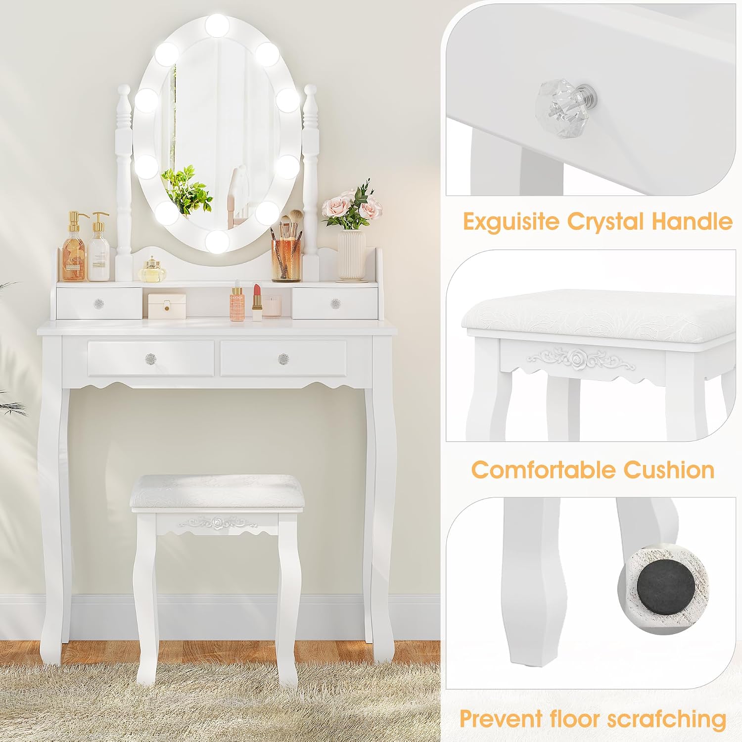 Lighted Kids Vanity Set with Cushioned Stool