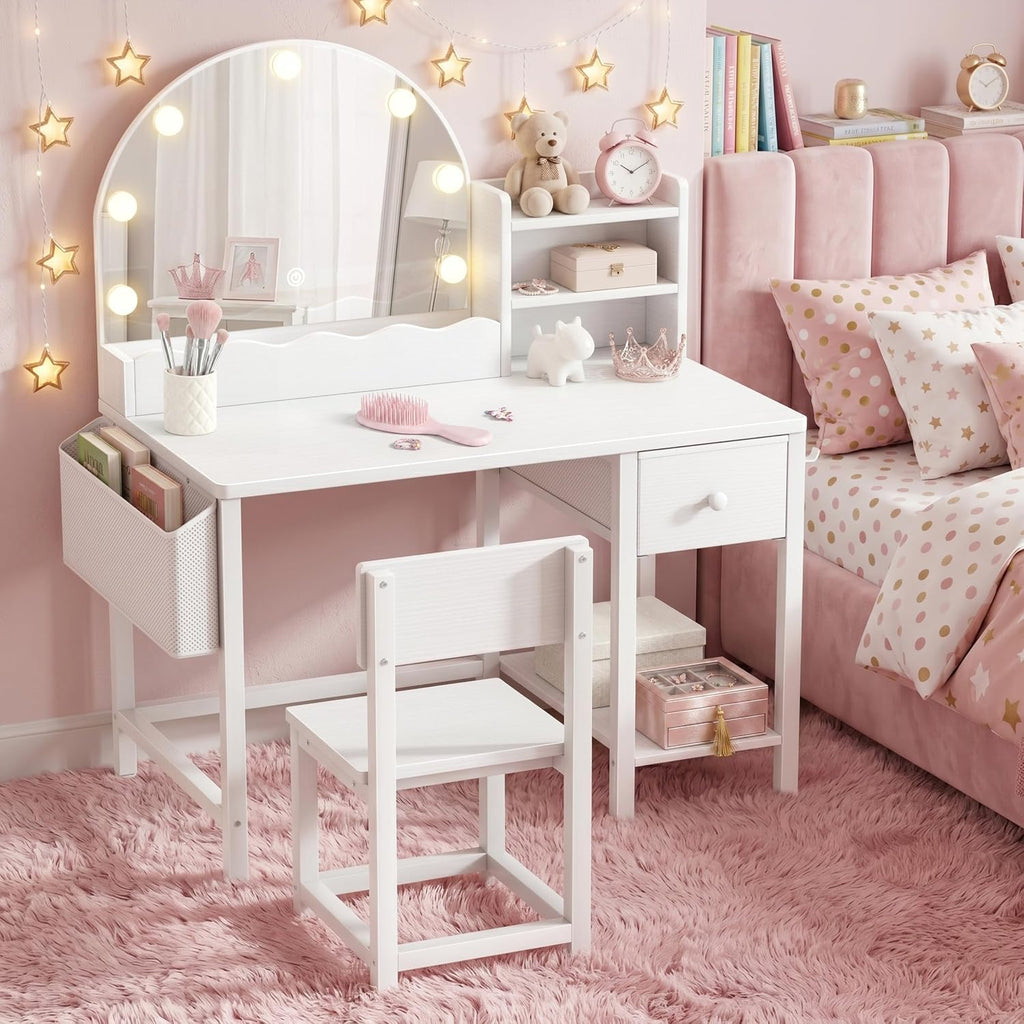 White Kids Vanity Set with Mirror & Drawers
