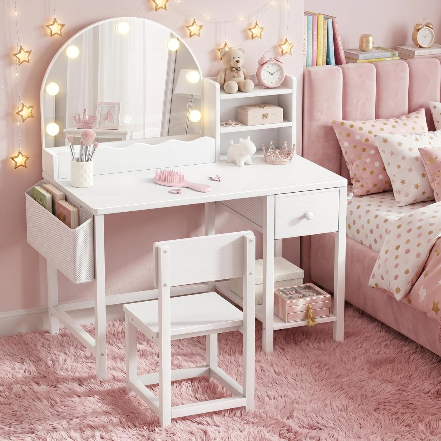 White Kids Vanity Set with Mirror & Drawers