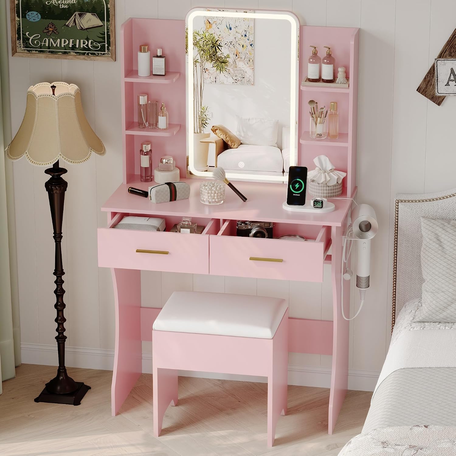 Pink LED Vanity Desk with Mirror & Chair