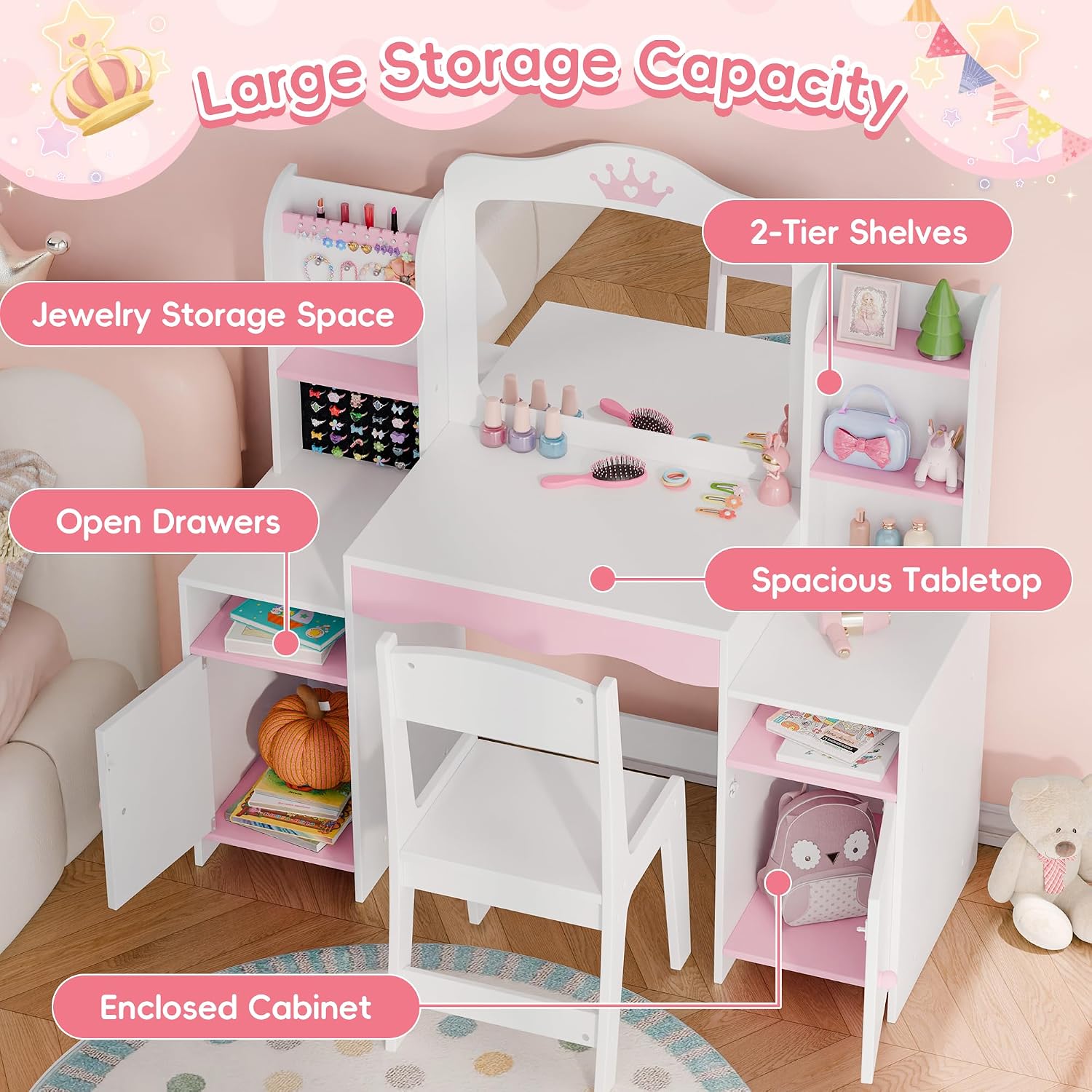 White Kids Vanity Set with Mirror & Stool