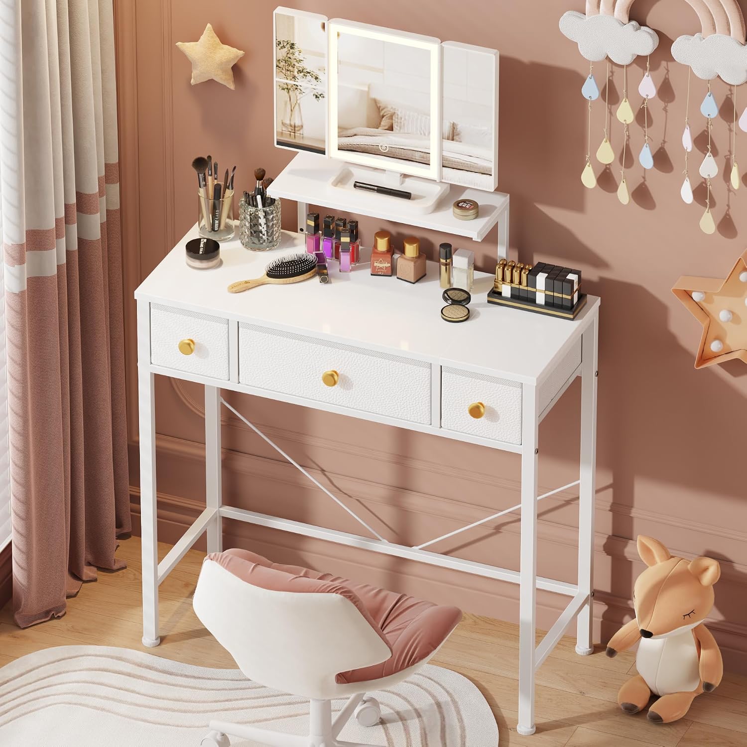 White Lighted Vanity Desk with USB Mirror
