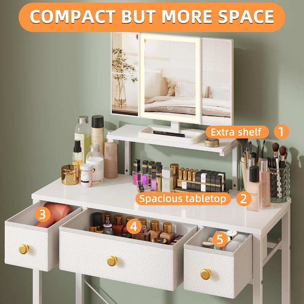 White Lighted Vanity Desk with USB Mirror