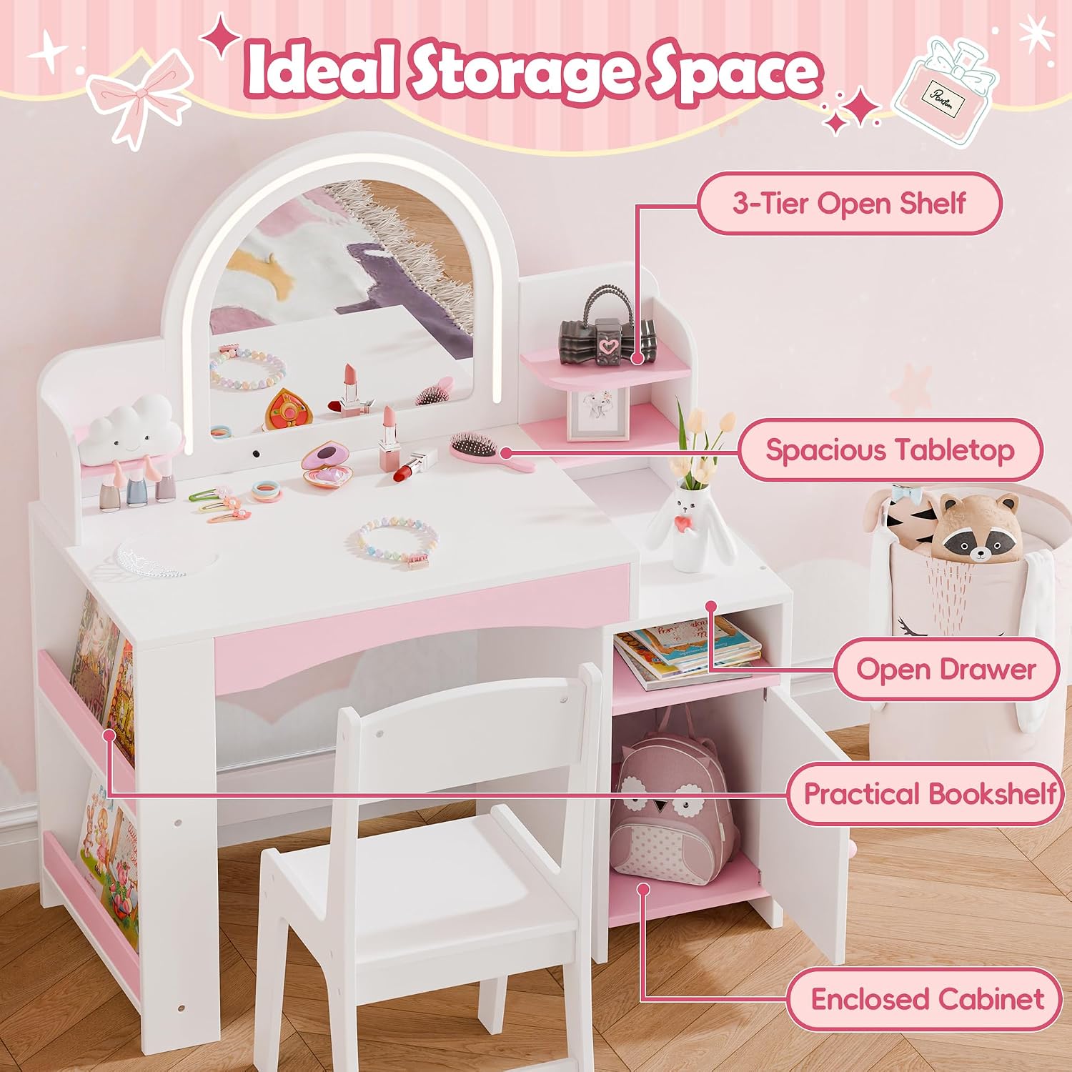 White Lighted Kids Vanity Table & Chair Set