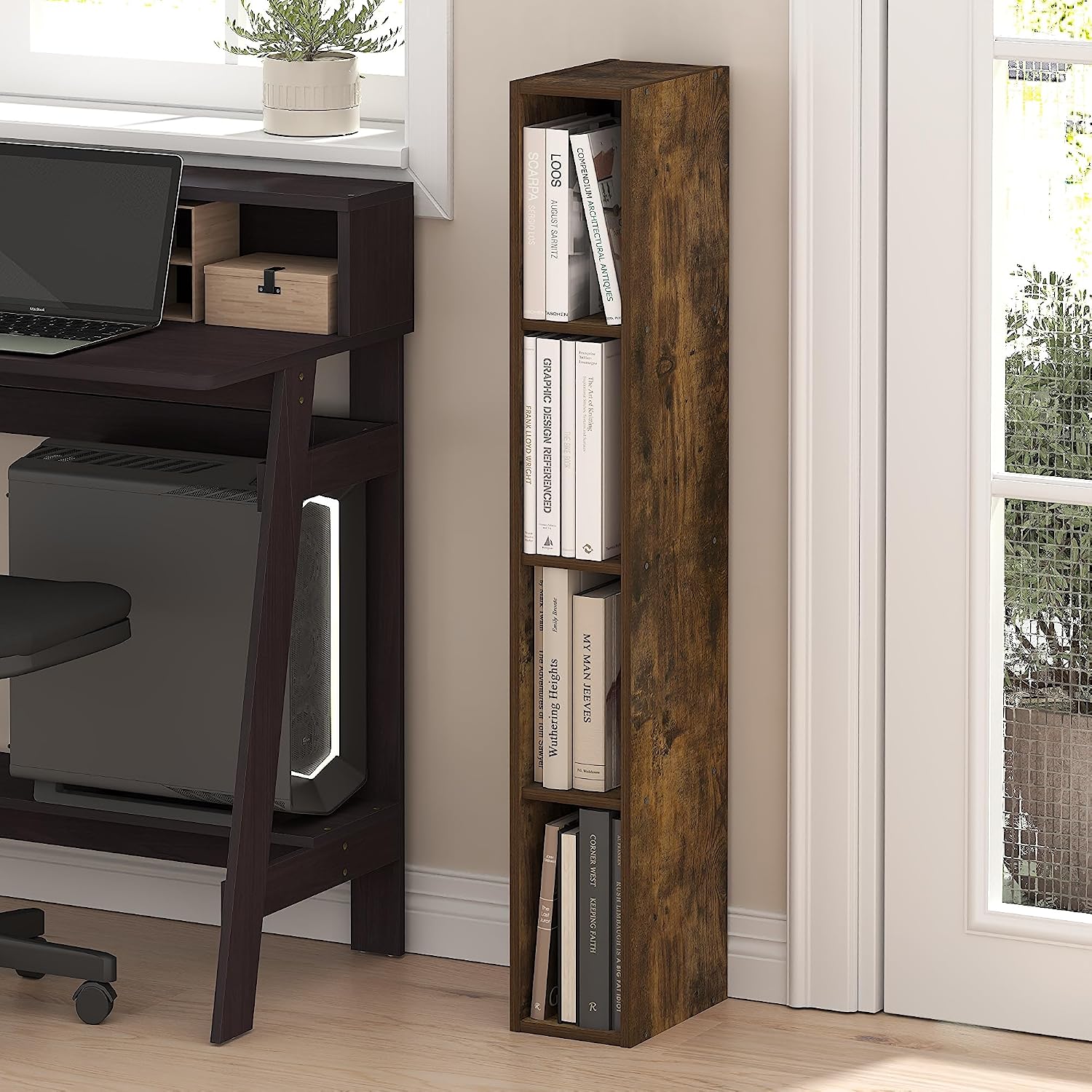 Slim 4-Tier Amber Pine Bookshelf